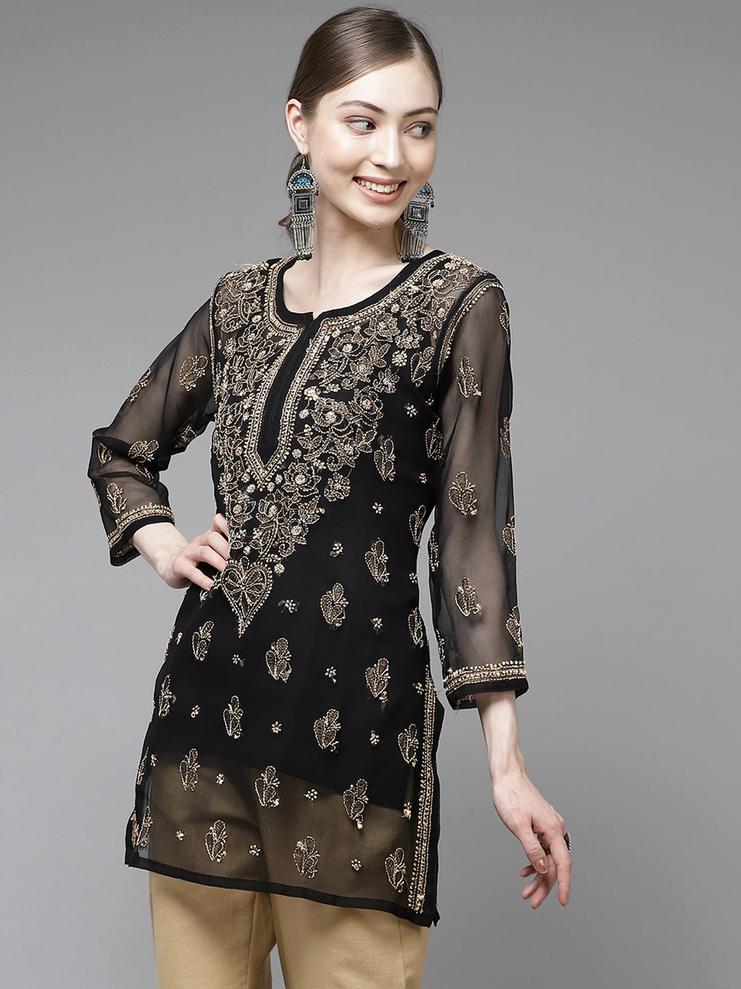 Black & Fawn Georgette Chikankari Tunic With Slip