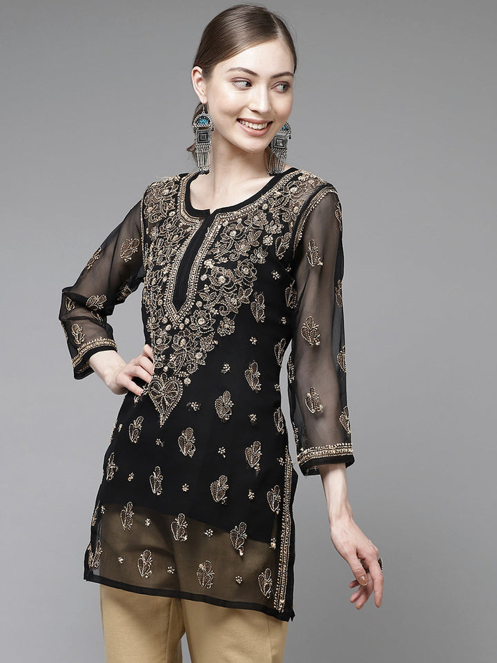 Black & Fawn Georgette Chikankari Tunic With Slip