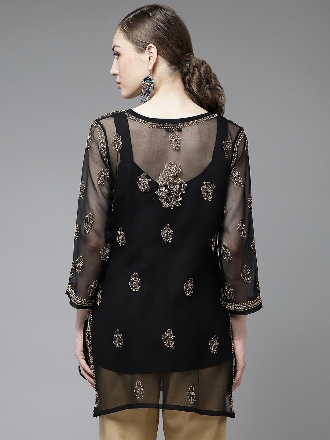 Black & Fawn Georgette Chikankari Tunic With Slip