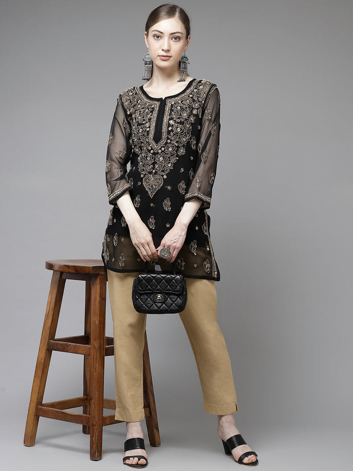 Black & Fawn Georgette Chikankari Tunic With Slip