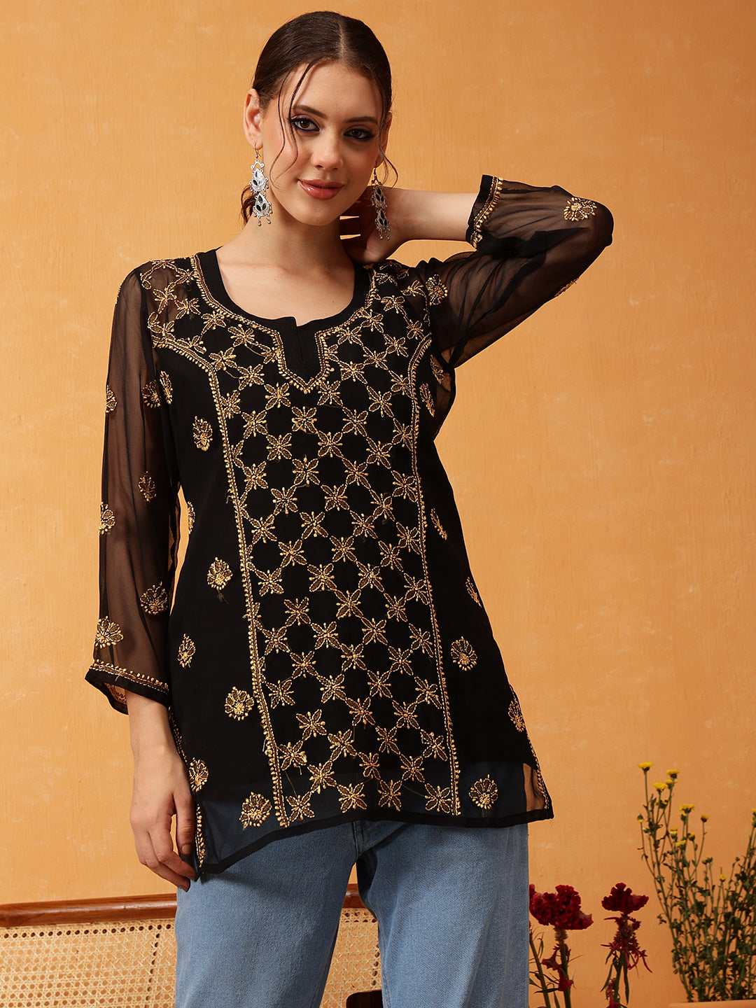 Black-&-Gold-Georgette-Embroidery-Chikankari-Tunic-With-Slip