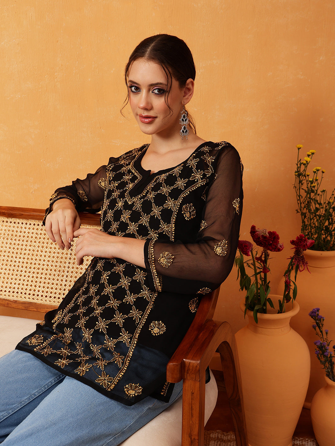 Black-&-Gold-Georgette-Embroidery-Chikankari-Tunic-With-Slip