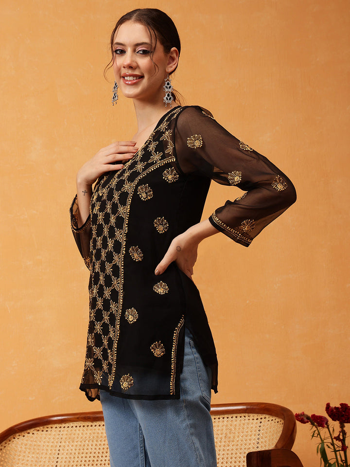 Black-&-Gold-Georgette-Embroidery-Chikankari-Tunic-With-Slip