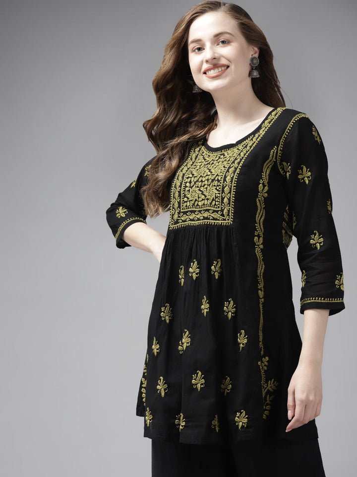 Black & Green Cotton A-Line Chikankari Tunic