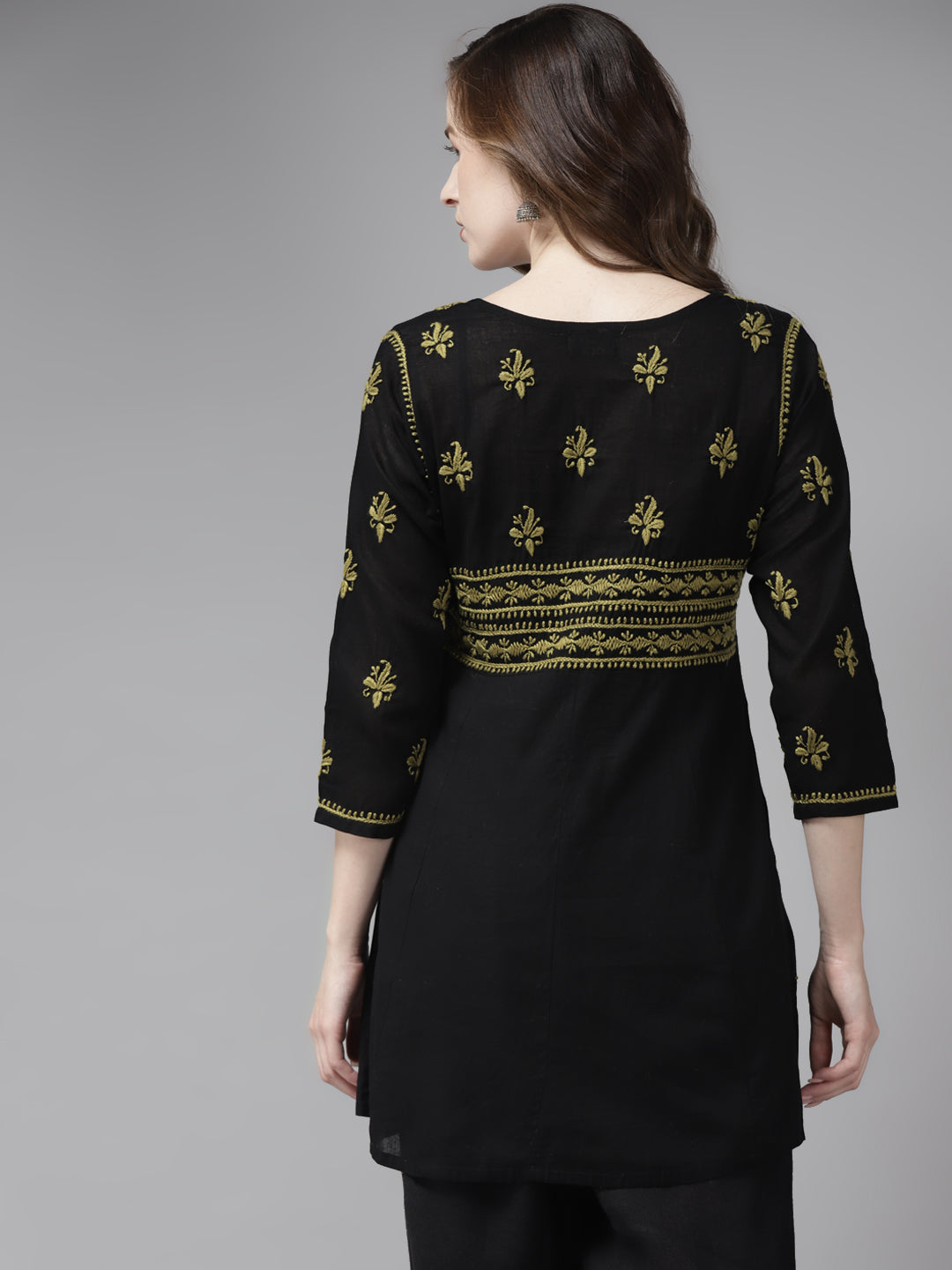 Black & Green Cotton A-Line Chikankari Tunic