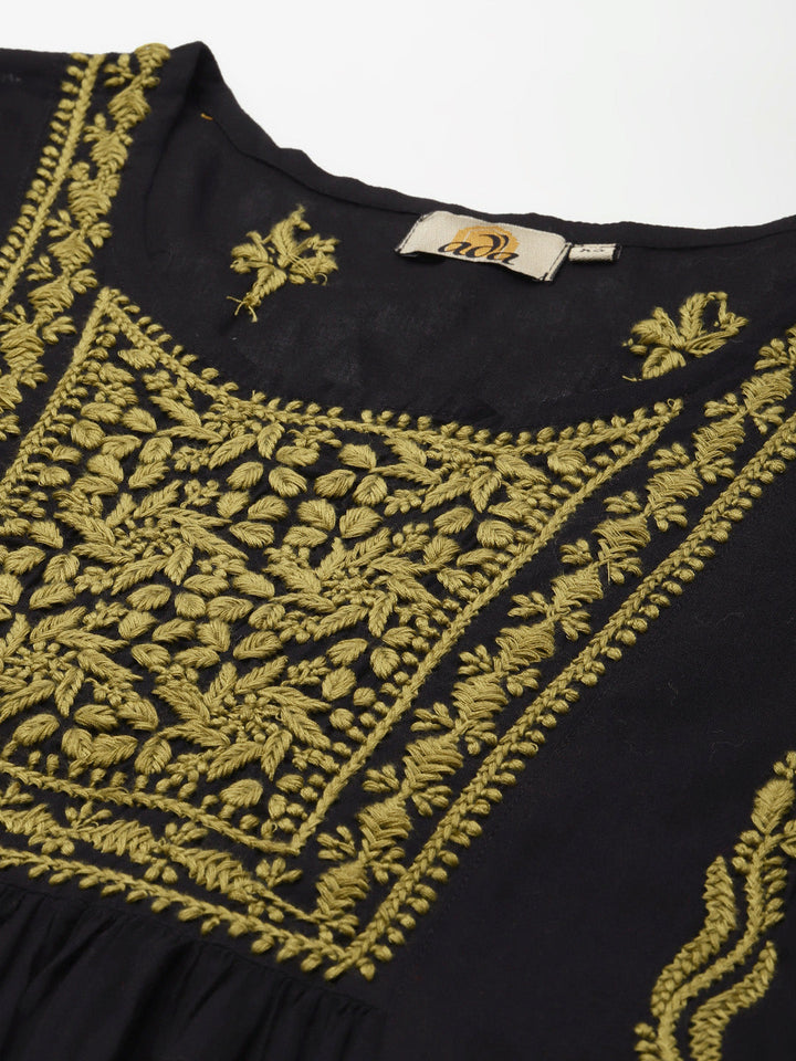 Black & Green Cotton A-Line Chikankari Tunic