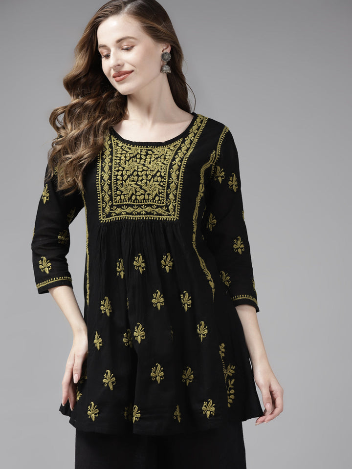 Black & Green Cotton A-Line Chikankari Tunic