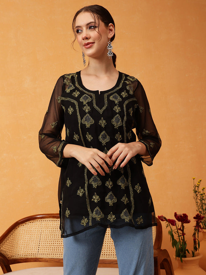 Black-&-Green-Georgette-Chikankari-Tunic-With-Slip