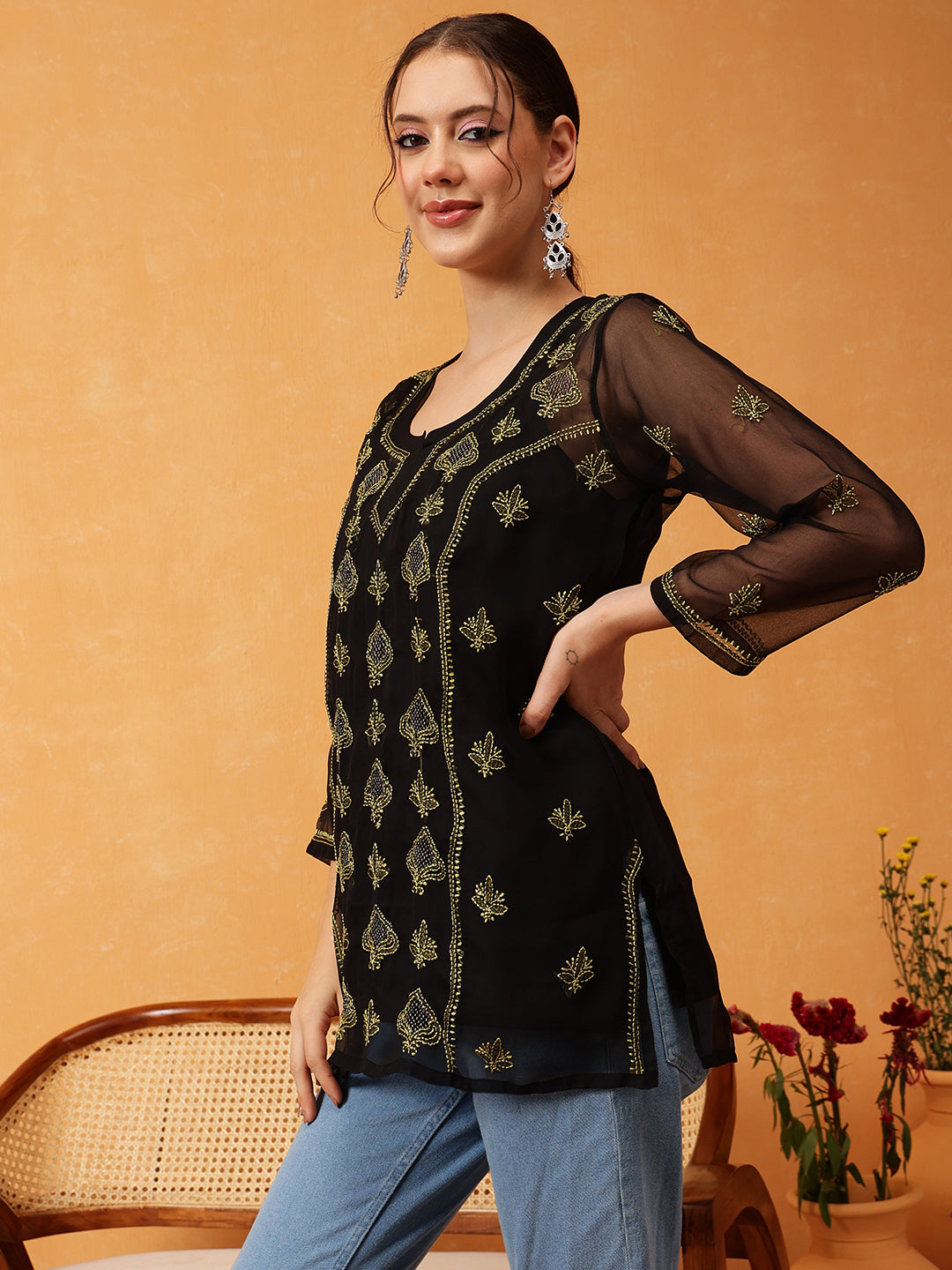 Black-&-Green-Georgette-Chikankari-Tunic-With-Slip