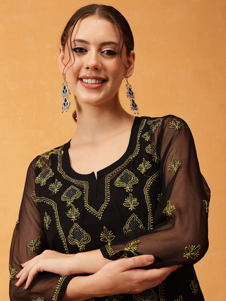 Black-&-Green-Georgette-Chikankari-Tunic-With-Slip