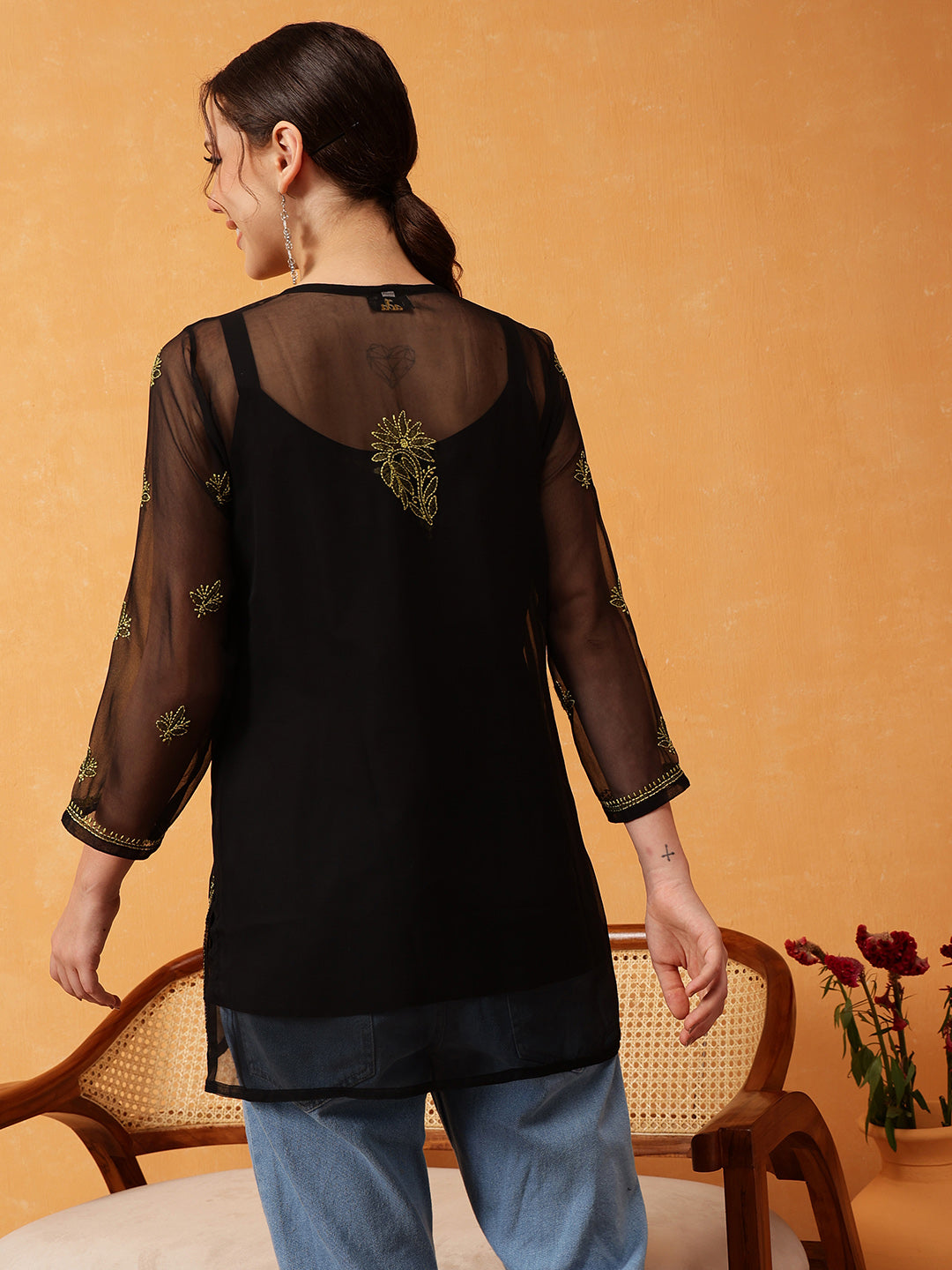 Black-&-Green-Georgette-Chikankari-Tunic-With-Slip