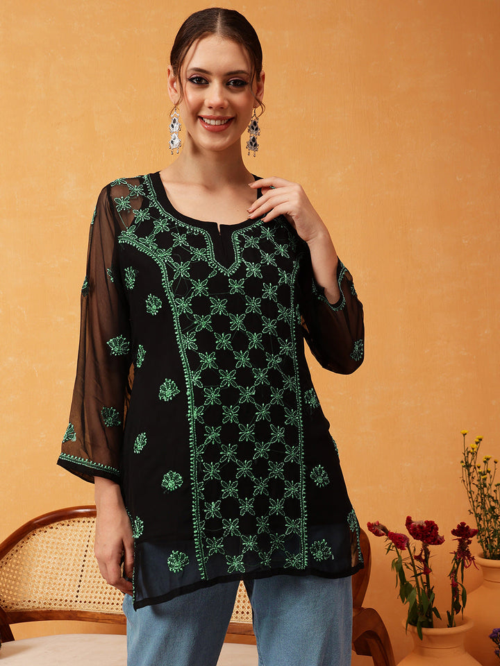 Black-&-Green-Georgette-Embroidery-Chikankari-Tunic-With-Slip