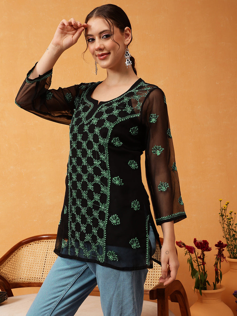 Black-&-Green-Georgette-Embroidery-Chikankari-Tunic-With-Slip