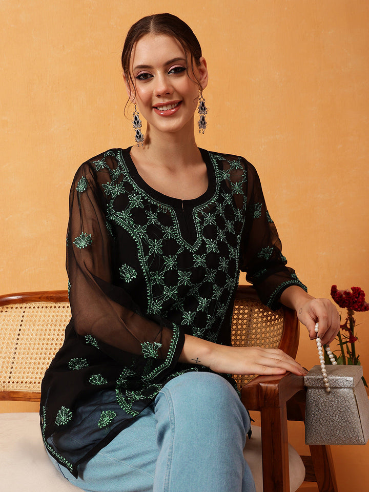 Black-&-Green-Georgette-Embroidery-Chikankari-Tunic-With-Slip