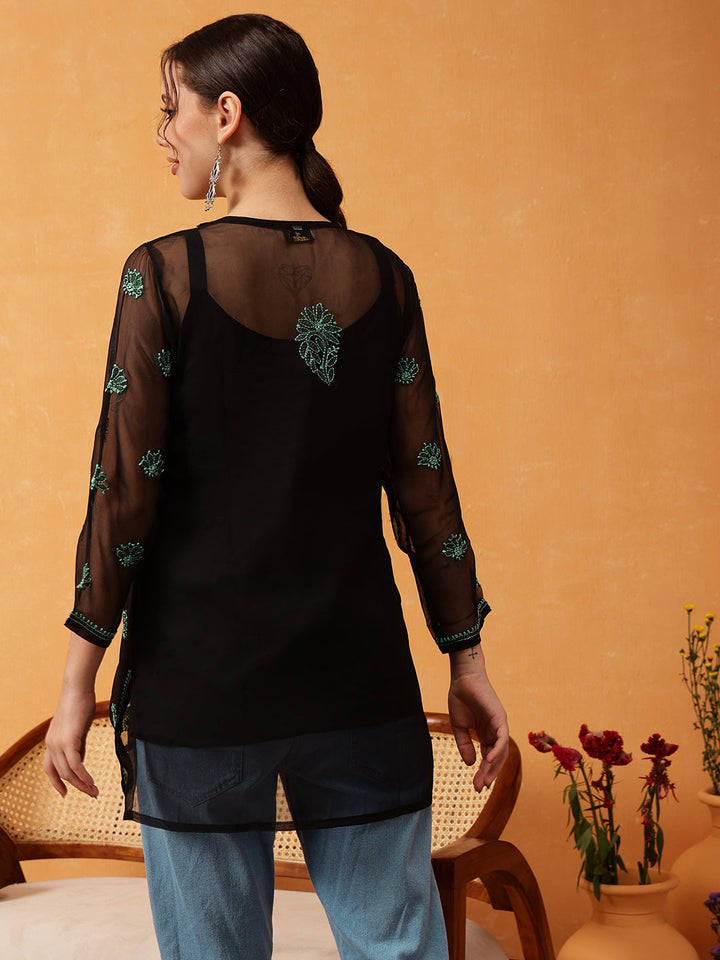 Black-&-Green-Georgette-Embroidery-Chikankari-Tunic-With-Slip