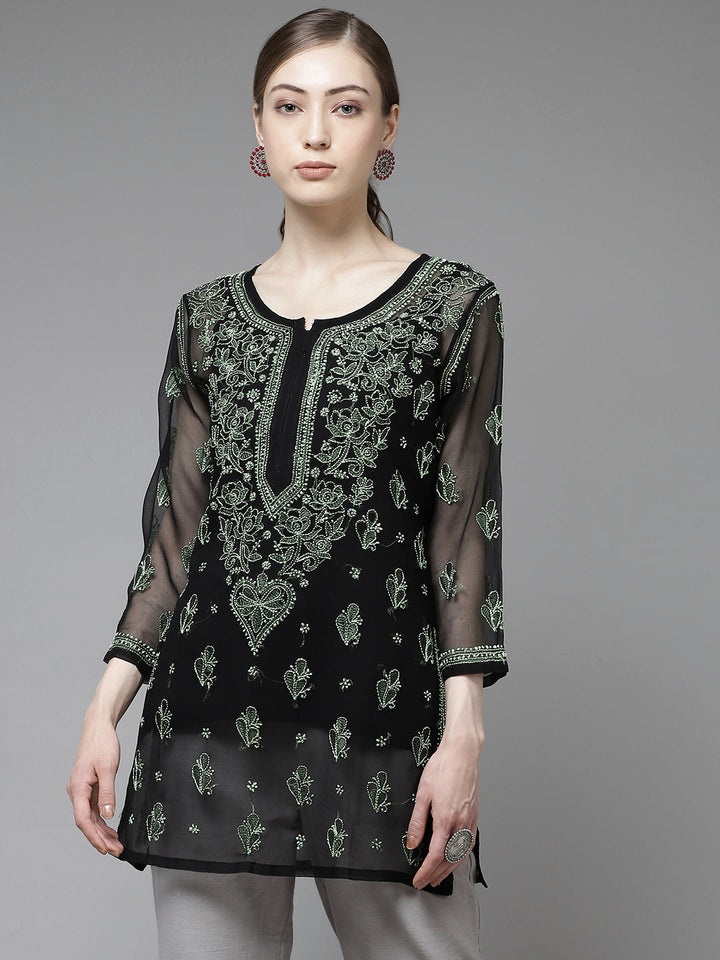 Black & Green Georgette Semi-Sheer Chikankari Tunic With Slip