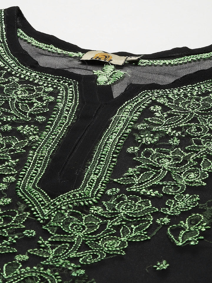 Black & Green Georgette Semi-Sheer Chikankari Tunic With Slip