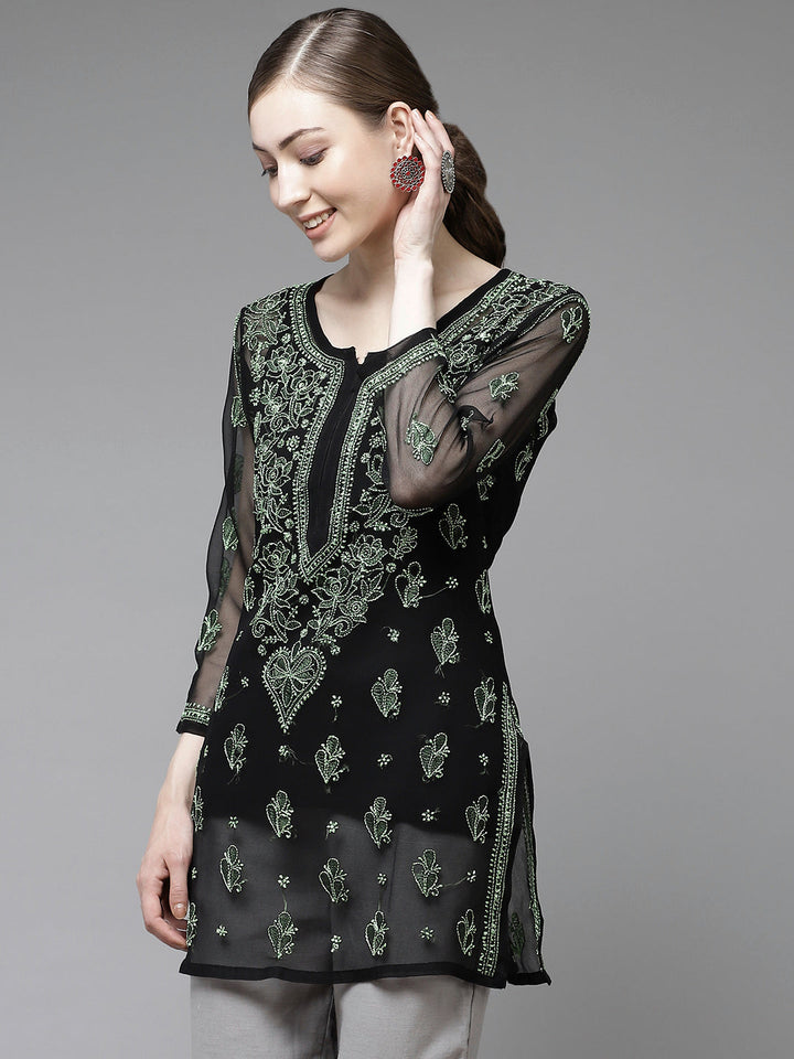 Black & Green Georgette Semi-Sheer Chikankari Tunic With Slip