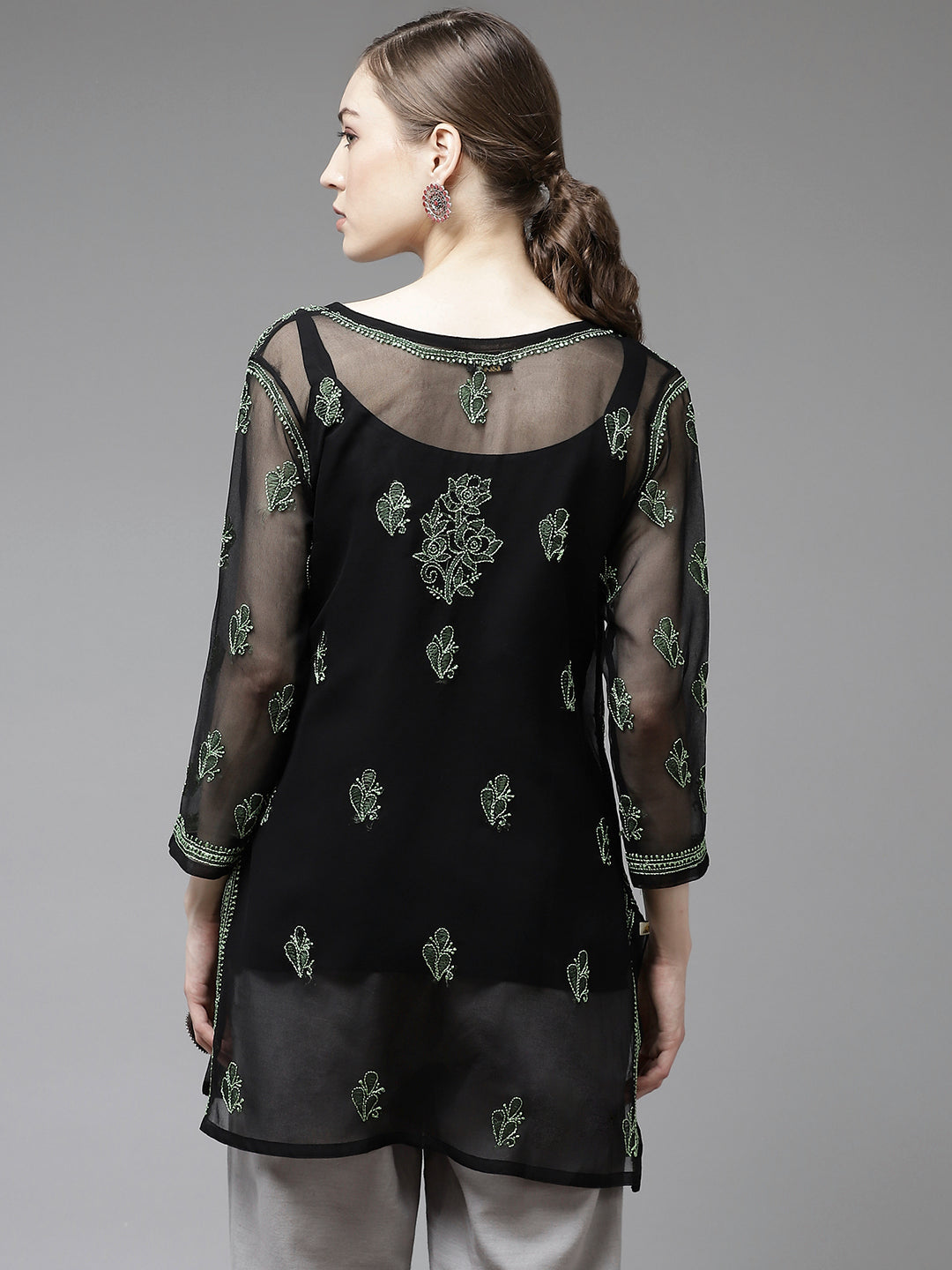 Black & Green Georgette Semi-Sheer Chikankari Tunic With Slip