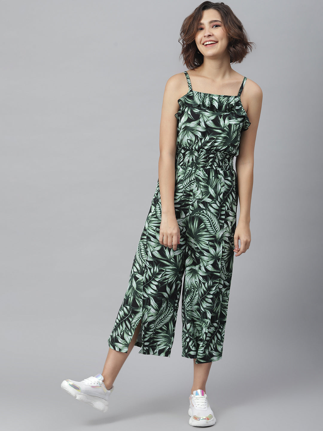 Black-&-Green-Polyester-Printed-Jumpsuit-With-Slit-Pants