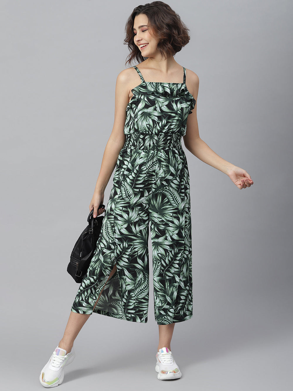 Black-&-Green-Polyester-Printed-Jumpsuit-With-Slit-Pants