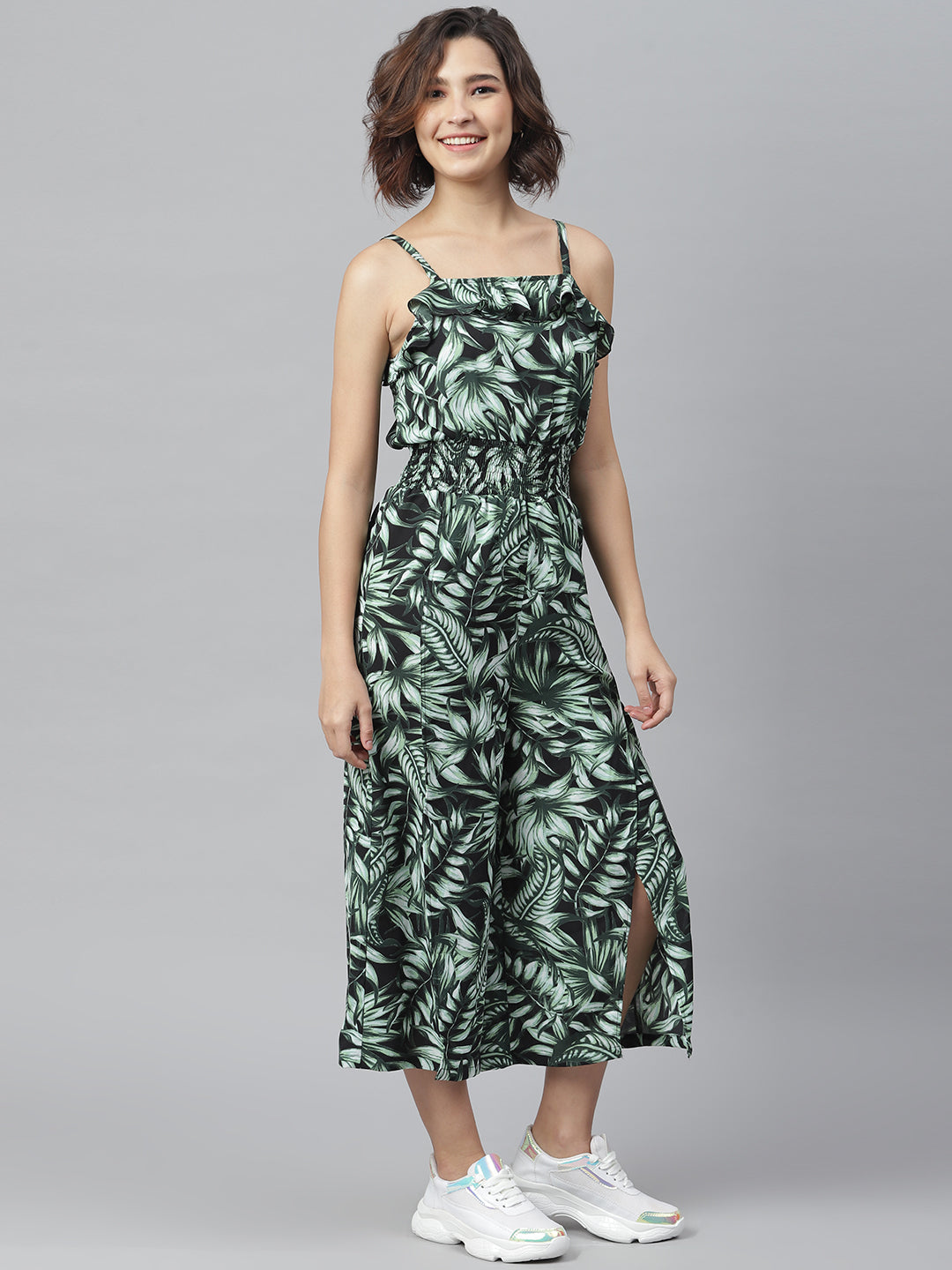 Black-&-Green-Polyester-Printed-Jumpsuit-With-Slit-Pants