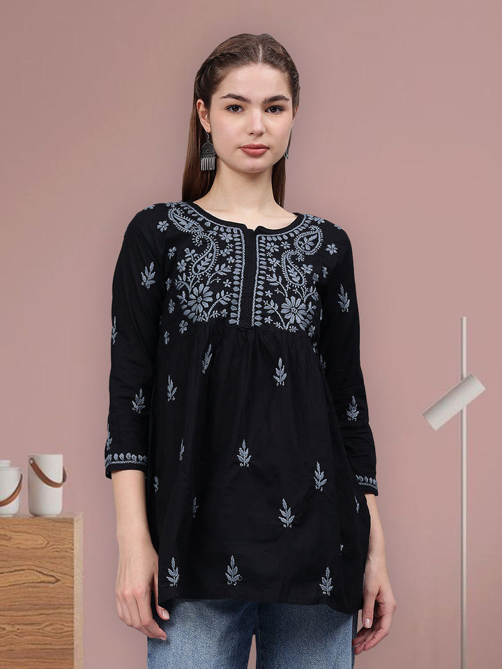 Black-&-Grey-Cotton-Embroidered-Chikankari-A-Line-Top