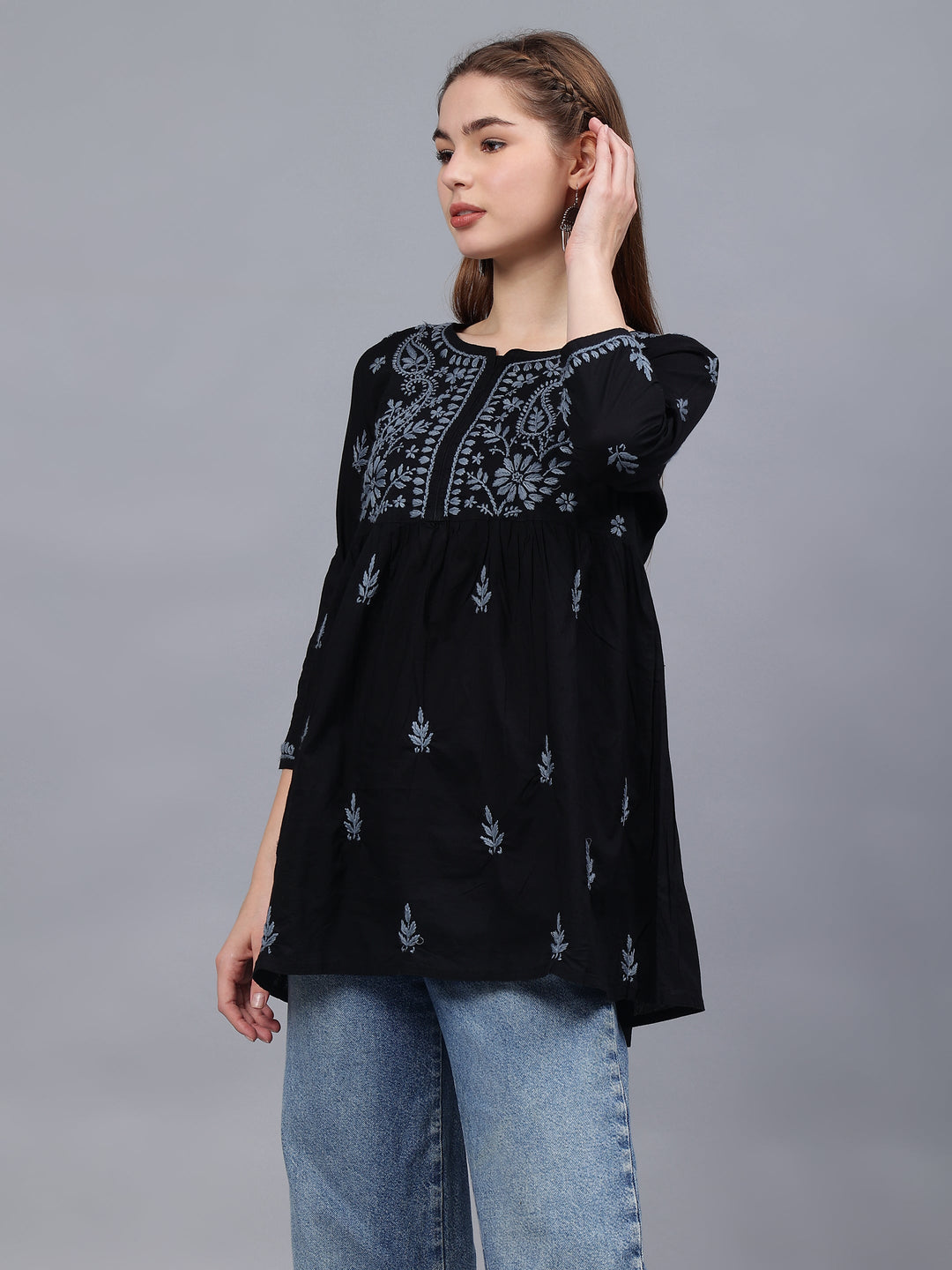 Black-&-Grey-Cotton-Embroidered-Chikankari-A-Line-Top