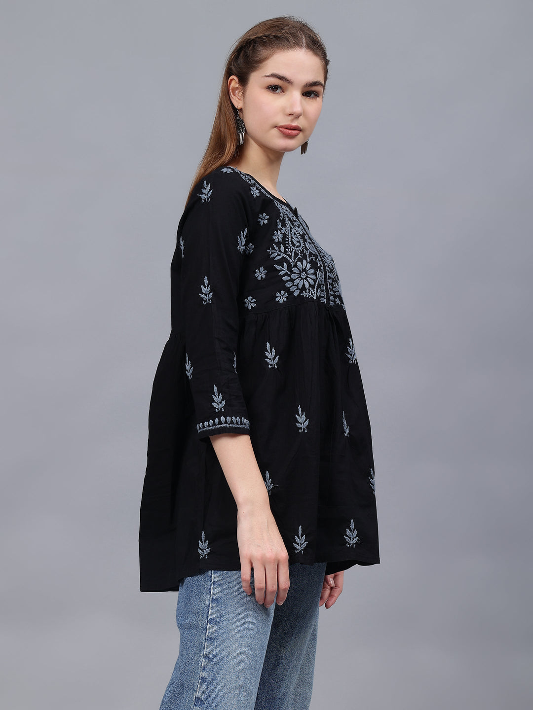 Black-&-Grey-Cotton-Embroidered-Chikankari-A-Line-Top