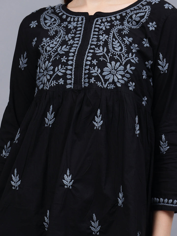 Black-&-Grey-Cotton-Embroidered-Chikankari-A-Line-Top