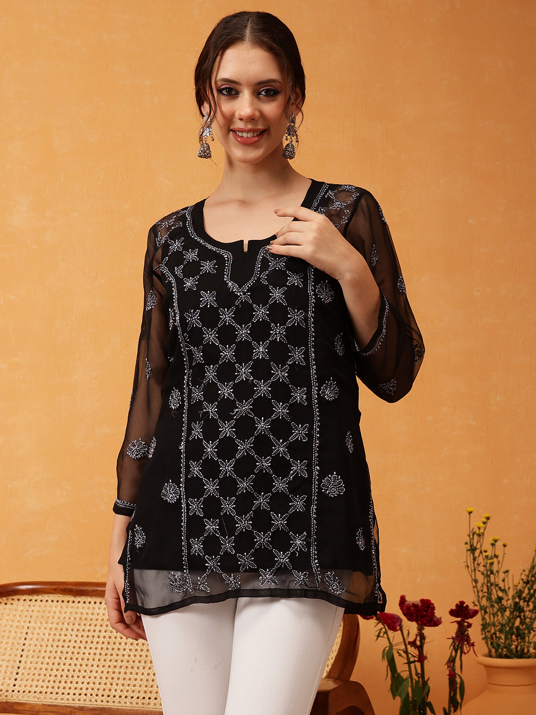 Black-&-Grey-Georgette-Embroidery-Chikankari-Tunic-With-Slip