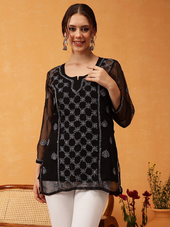 Black-&-Grey-Georgette-Embroidery-Chikankari-Tunic-With-Slip