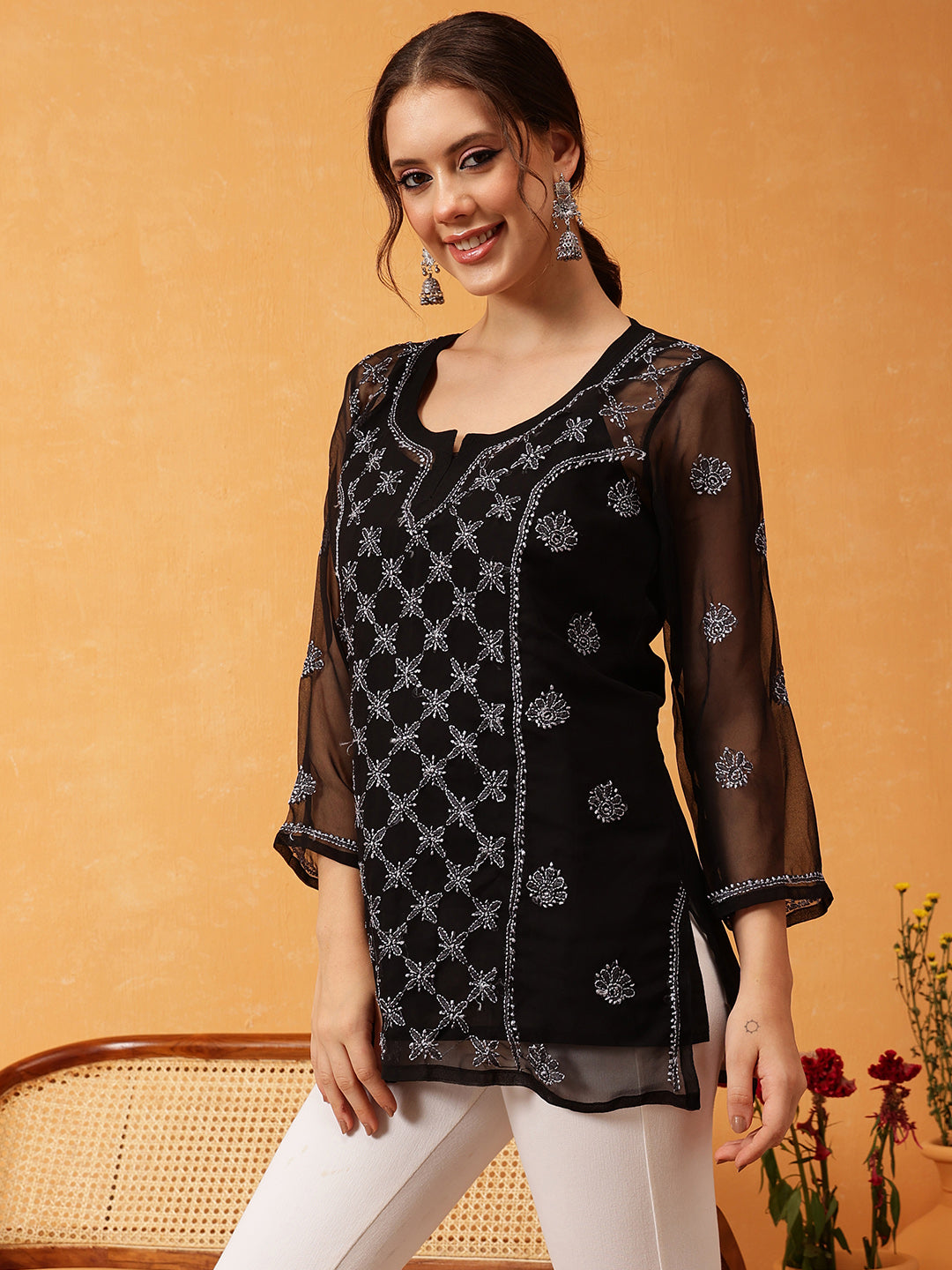 Black-&-Grey-Georgette-Embroidery-Chikankari-Tunic-With-Slip