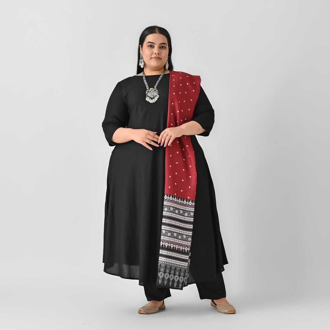 Black-&-Maroon-Rayon-Flared-Kurta-Palazzo-Set-With-Dupatta