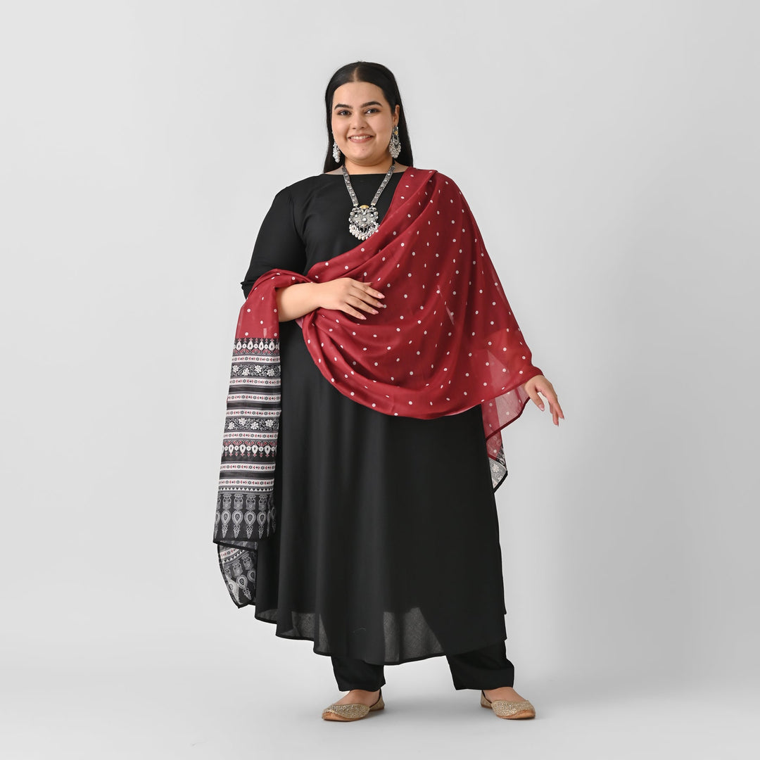 Black-&-Maroon-Rayon-Flared-Kurta-Palazzo-Set-With-Dupatta