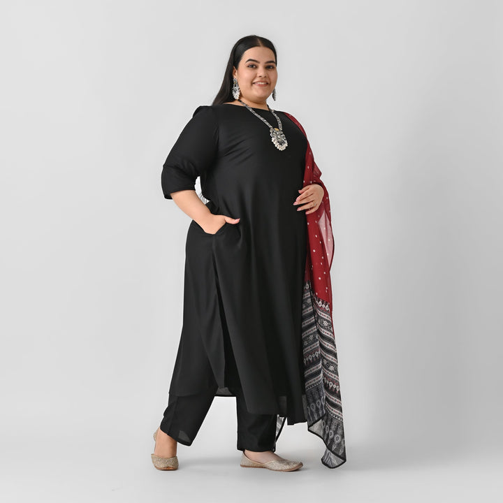 Black-&-Maroon-Rayon-Flared-Kurta-Palazzo-Set-With-Dupatta