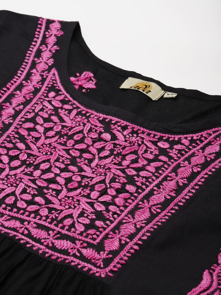 Black & Mauve Cotton A-Line Chikankari Tunic