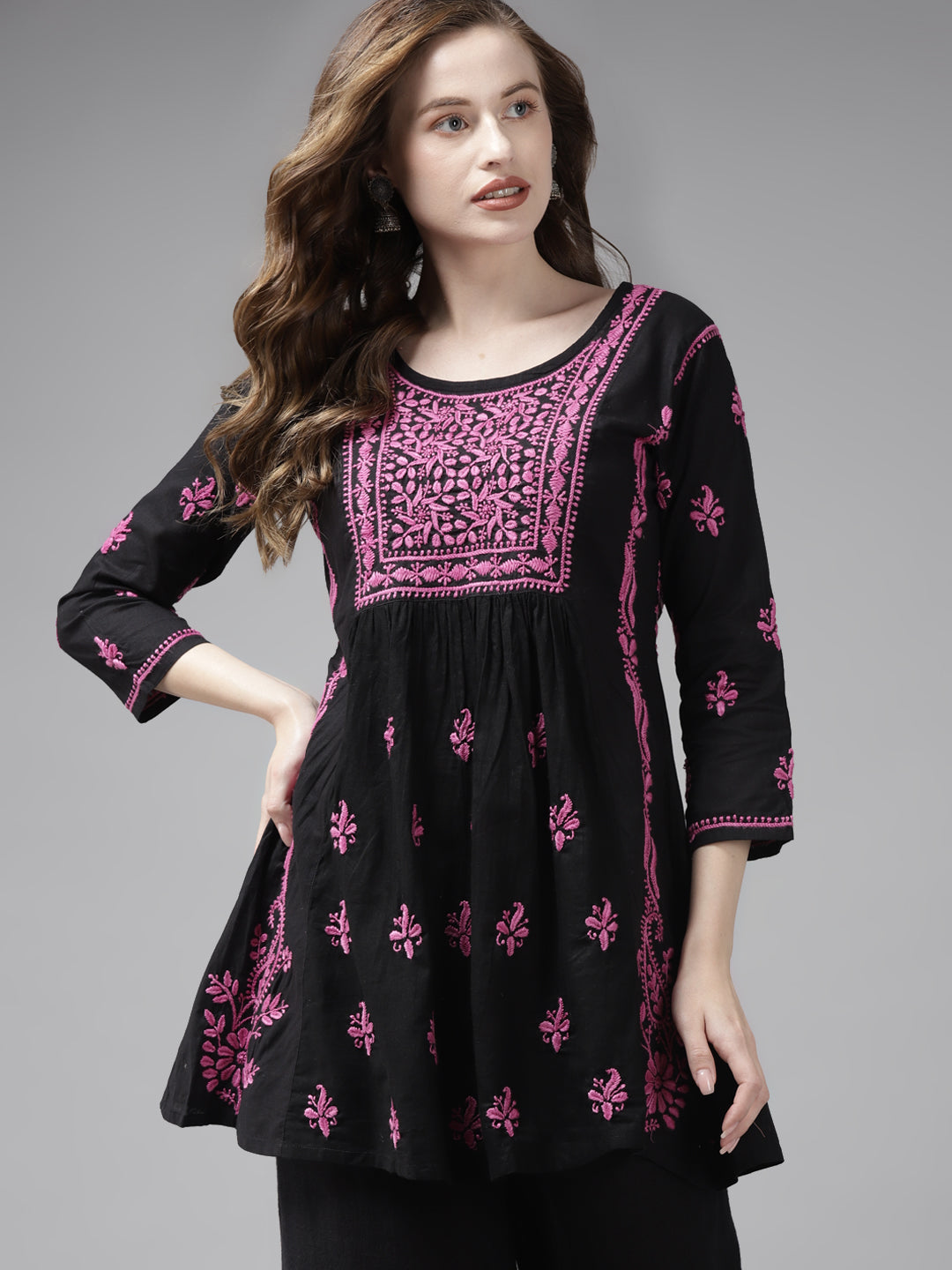 Black & Mauve Cotton A-Line Chikankari Tunic