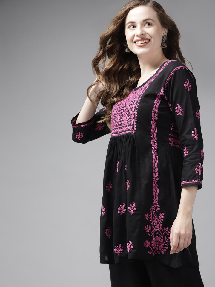 Black & Mauve Cotton A-Line Chikankari Tunic