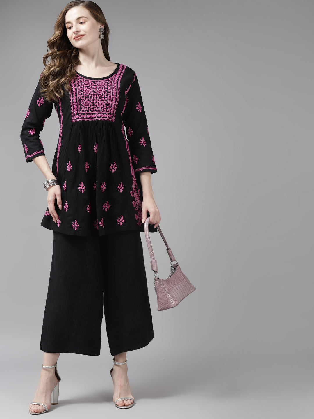 Black & Mauve Cotton A-Line Chikankari Tunic