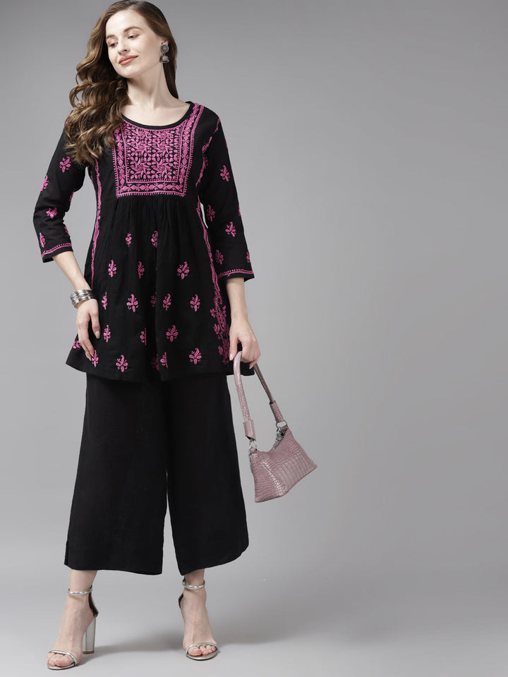 Black & Mauve Cotton A-Line Chikankari Tunic