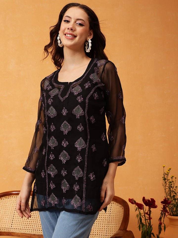 Black-&-Mauve-Georgette-Embroidery-Chikankari-Tunic-With-Slip