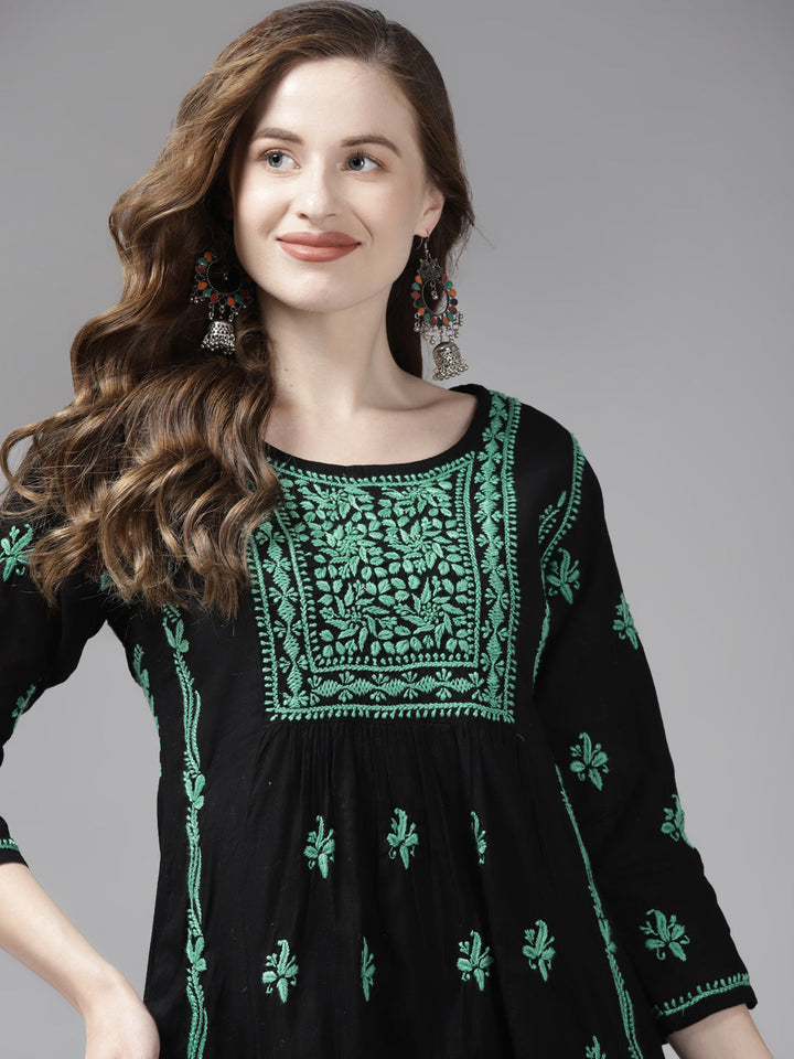 Black & Mint Green Cotton A-Line Chikankari Tunic