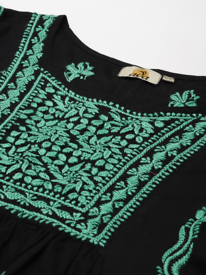 Black & Mint Green Cotton A-Line Chikankari Tunic