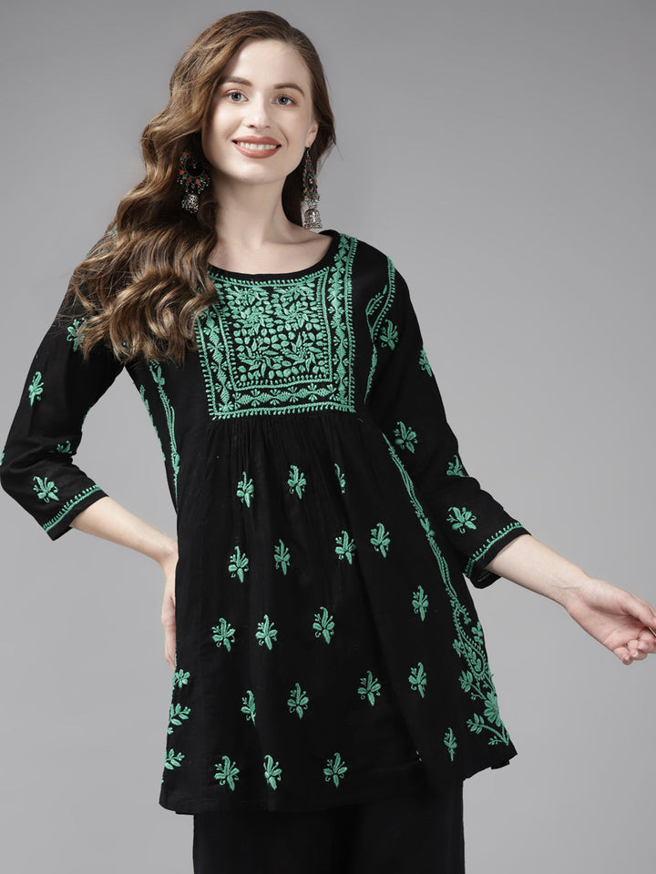 Black & Mint Green Cotton A-Line Chikankari Tunic