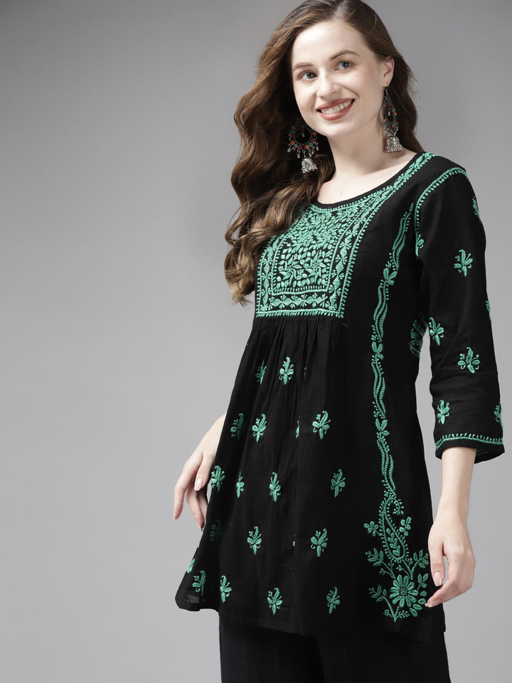 Black & Mint Green Cotton A-Line Chikankari Tunic