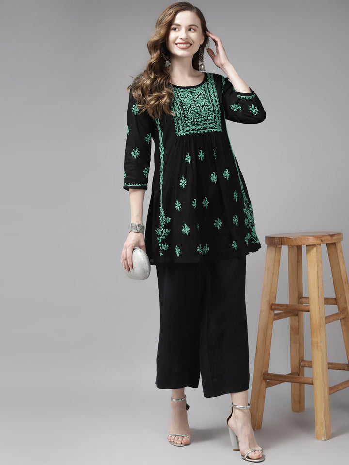 Black & Mint Green Cotton A-Line Chikankari Tunic