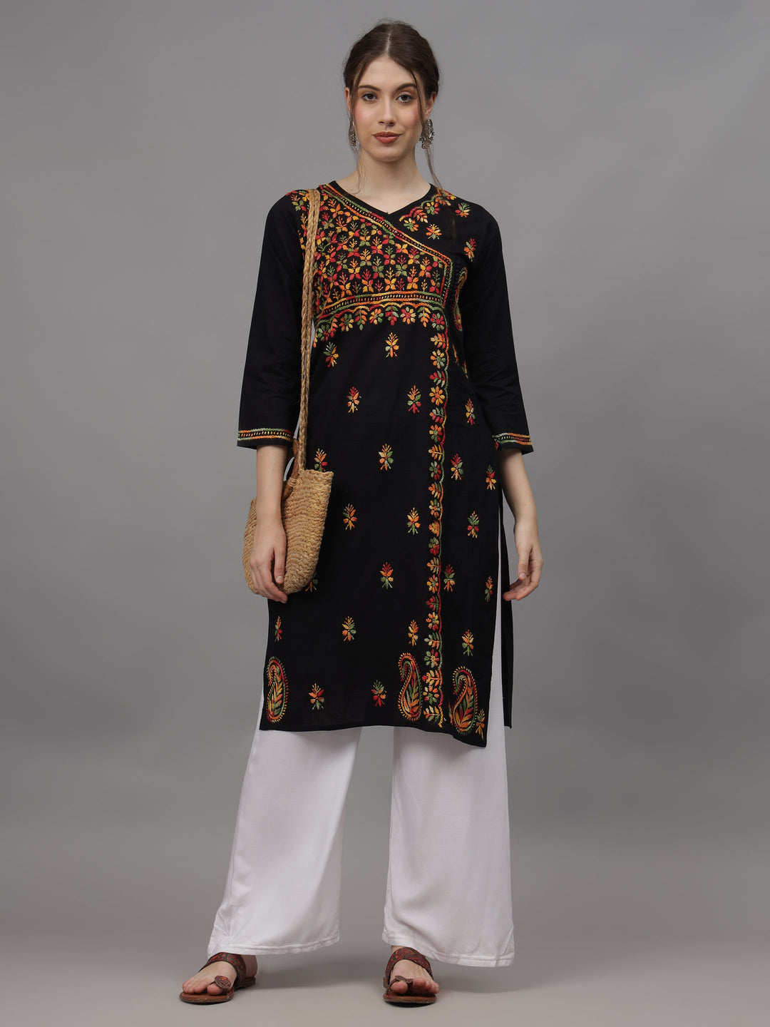 Black-&-Multicolor-Cotton-Embroidered-Chikankari-Kurti