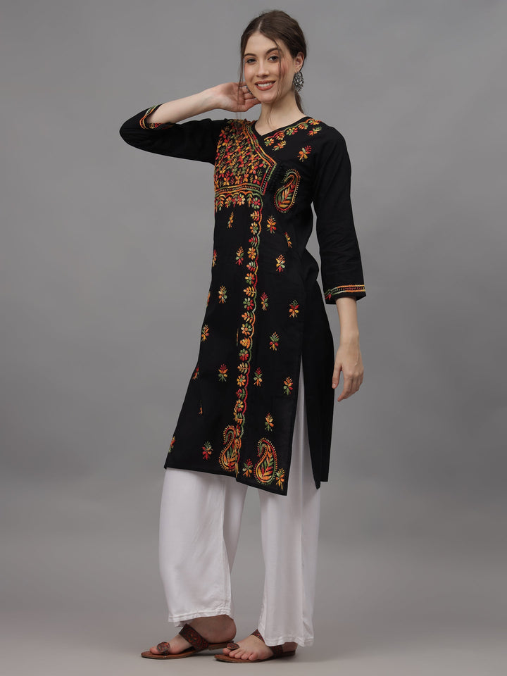Black-&-Multicolor-Cotton-Embroidered-Chikankari-Kurti