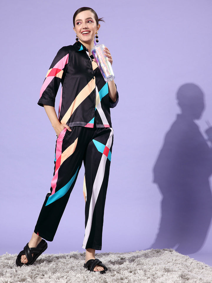 Black-&-Multicolor-Satin-Shirt-And-Trousers-Co-Ord-Set